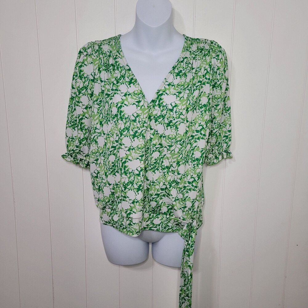 INC Faux Wrap Top Womens Size Medium Green White Side Tie